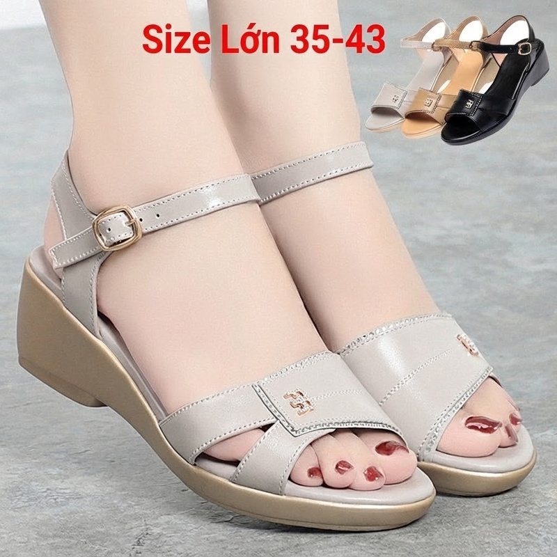 Dép Sandal Nữ Quai Ngang Đế Xuồng Da Mềm Đế Cao 4cm - 5cm Màu Kem, Đen, Nâu