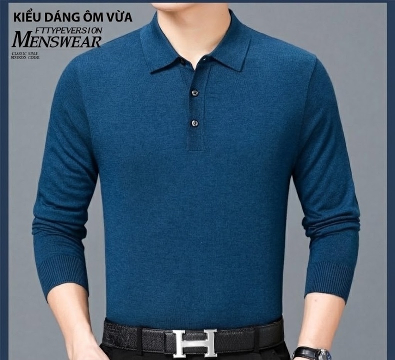 Áo Thun Polo Nam Dài Tay Cashmere Dáng Ôm Vừa Vặn Màu Đen, Đỏ, Xanh Dương, Xám... chi tiết 18