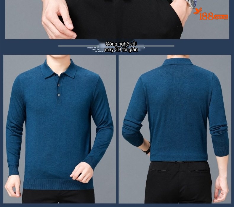 Áo Thun Polo Nam Dài Tay Cashmere Dáng Ôm Vừa Vặn Màu Đen, Đỏ, Xanh Dương, Xám... chi tiết 19