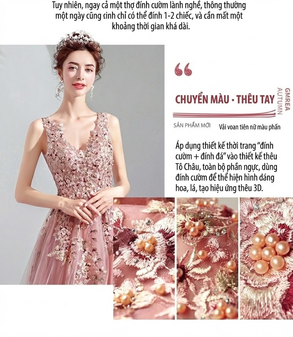 Váy Dạ Hội Nữ Cổ chữ V Vải Voan Màu Hồng Nude chi tiết 2