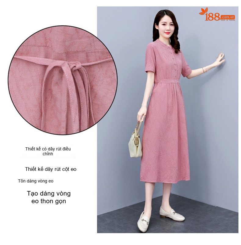 Váy Midi Nữ Cotton Linen Thiết Kế dáng chữ A Che Bụng, Eo Thon Gọn Màu Hồng, Xanh Dương chi tiết 8