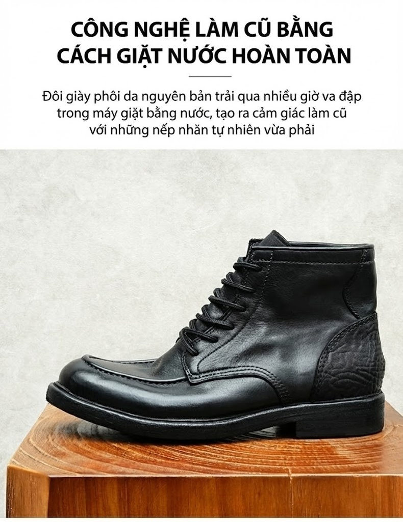 Giày Martin Nam Da Bò Cổ Cao Cổ Điển Mũi Tròn Chiều Cao Đế Khoảng 3cm Màu Nâu, Đen chi tiết 5