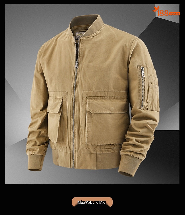 Áo Khoác Bomber Nam Cotton Giặt Nước Nhiều Túi Dáng Rộng Màu Đen, Xanh Olive, Nâu Vàng chi tiết 9