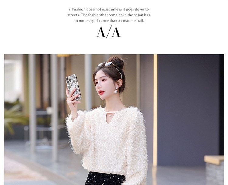 Set Áo Lông Dài Tay và Chân Váy Midi Lấp Lánh Phong Cách Tiểu Thư Màu Trắng, Đen chi tiết 14
