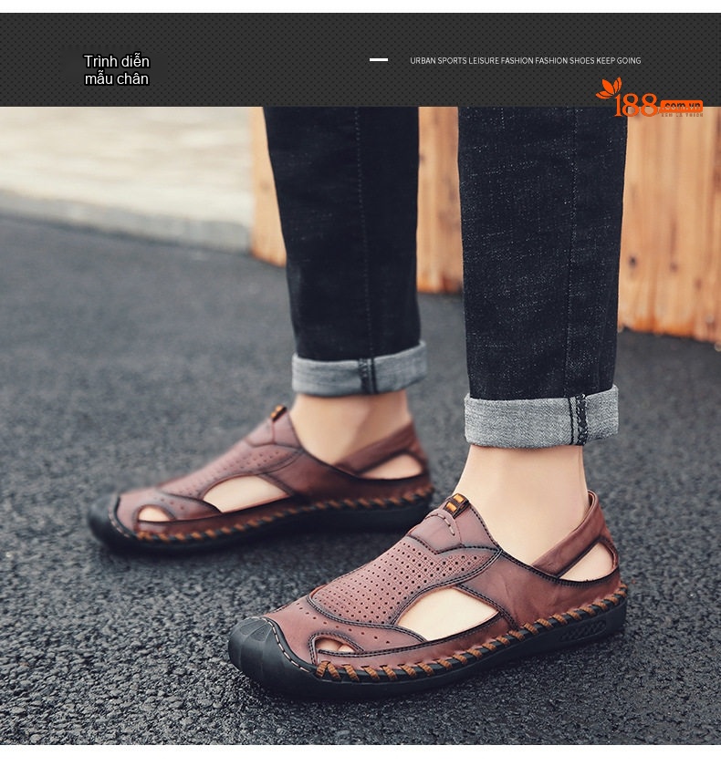 Dép Sandal Nam Da Bóng Mềm Mại Thoáng Khí Chống Trượt Đế Cao 2cm chi tiết 9