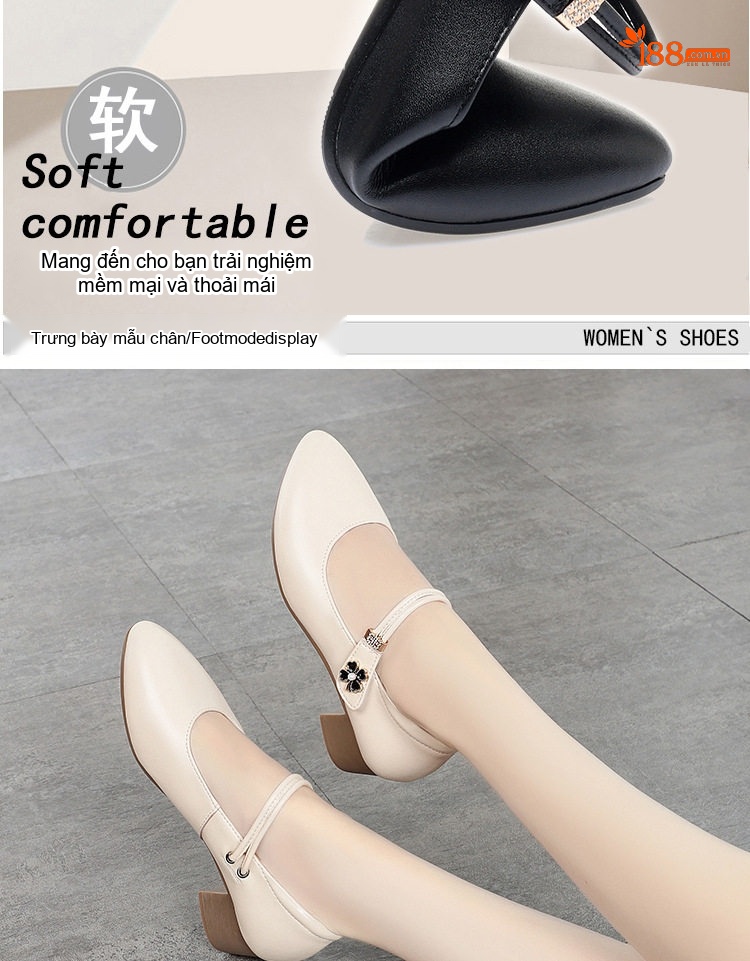 Giày Búp Bê Nữ Da Thật Quai Ngang Chiều Cao Đế Khoảng 4cm Màu Đen, Kem, Đỏ chi tiết 8