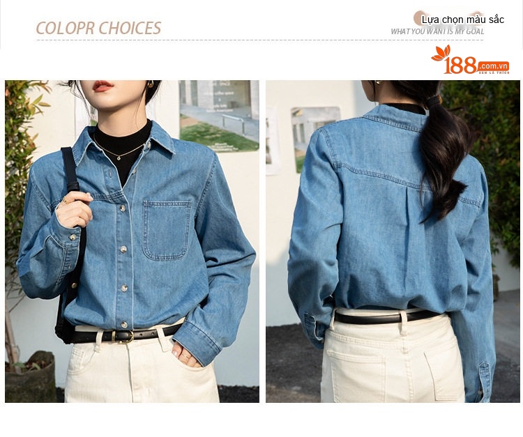 Áo Sơ Mi Nữ Tay Dài Cotton Thiết Kế Mới Phong Cách Pháp Màu Xanh Dương chi tiết 11