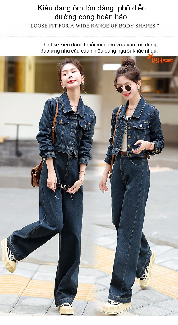 Set Bộ Quần Áo Nữ Jean/Denim Áo Khoác Lửng Quần Ống Rộng Phong Cách Hàn Quốc Màu Xanh Navy chi tiết 12