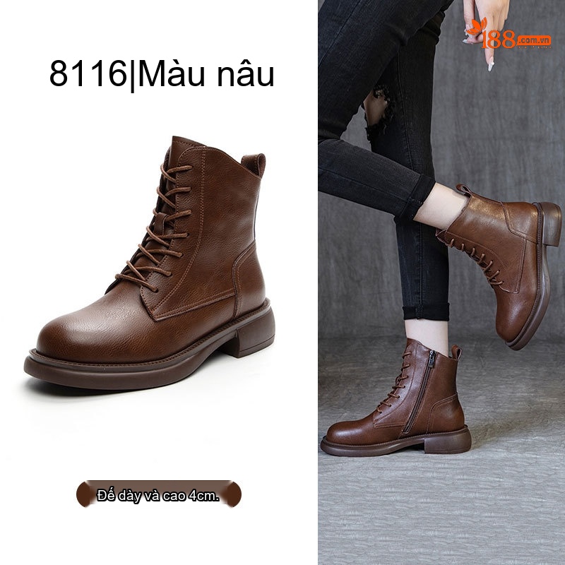 Boot Nam Cao Cổ Da Thật Phong Cách Retro Chiều Cao Đế Khoảng 4cm Màu Nâu chi tiết 6