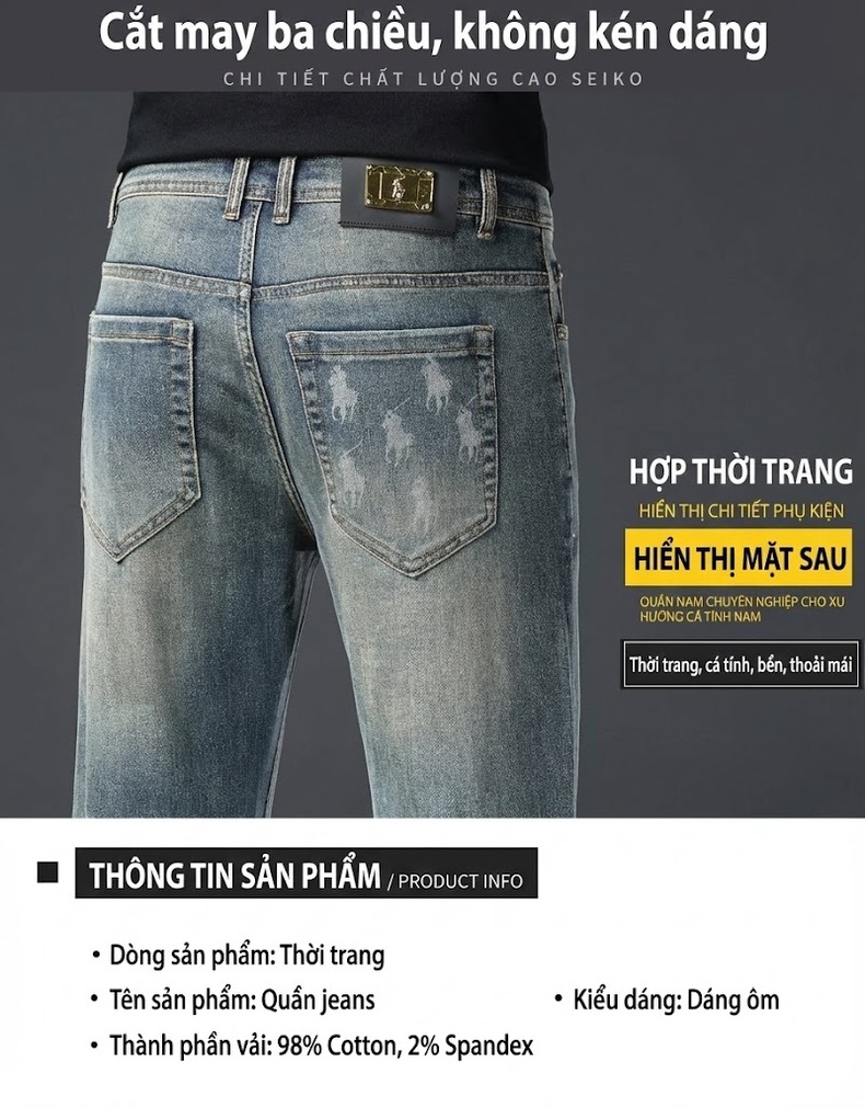 Quần Jean Nam Cotton In Họa Tiết Rách Gối Dáng Ôm Vừa Màu Xanh chi tiết 12
