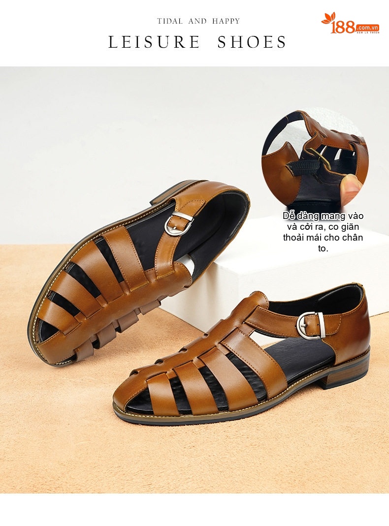 Sandal Rọ Nam Da Bò Quai Khóa Chiều Cao Đế Khoảng 2cm Màu Nâu, Đen chi tiết 5