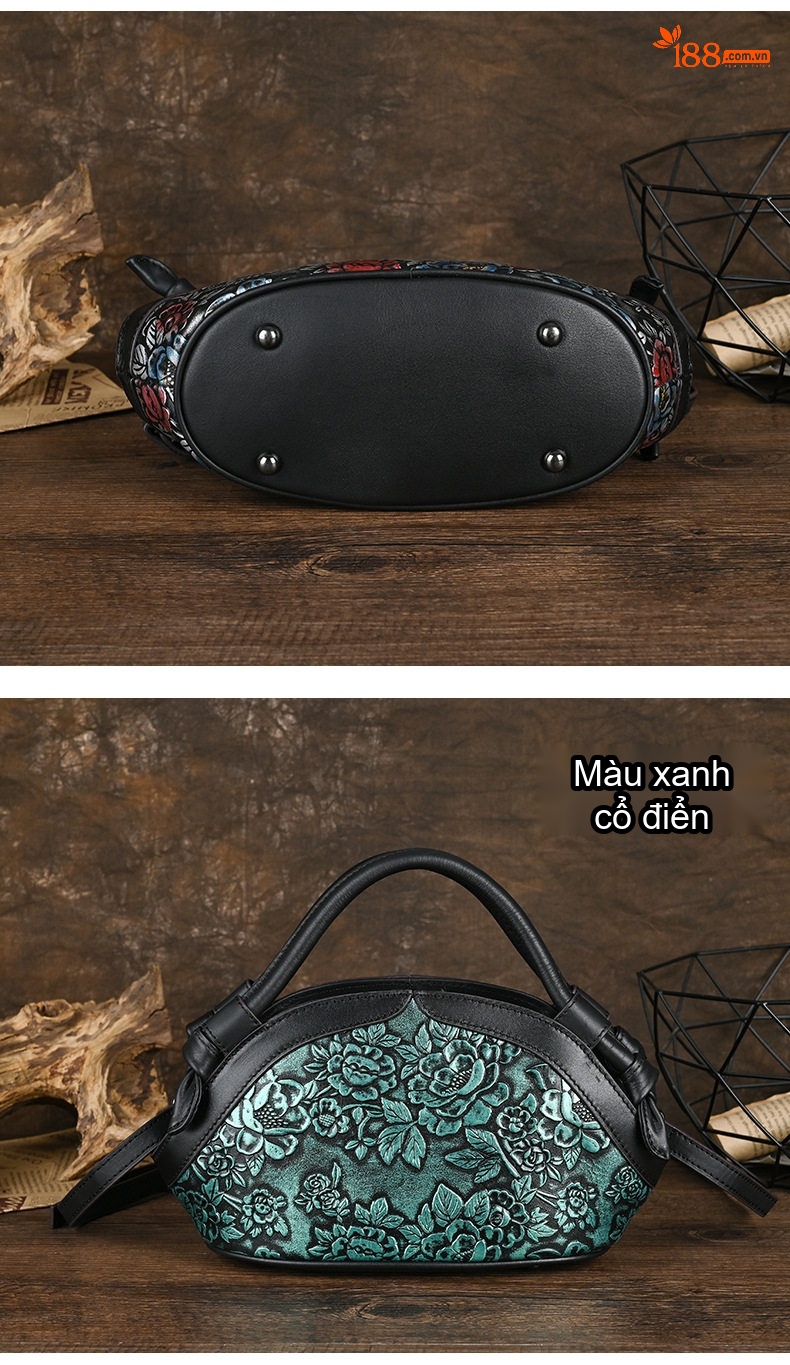 Túi Xách Tay Nữ Da Bò Hoa Văn Phong Cách Retro, Túi Đeo Vai, Túi Đeo Chéo Màu Đen, Xanh chi tiết 5
