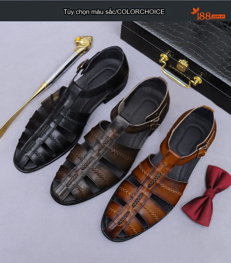 Sandal Rọ Nam Da Bò Khóa Cài Chiều Cao Đế Khoảng 2cm Màu Nâu, Đen chi tiết 2