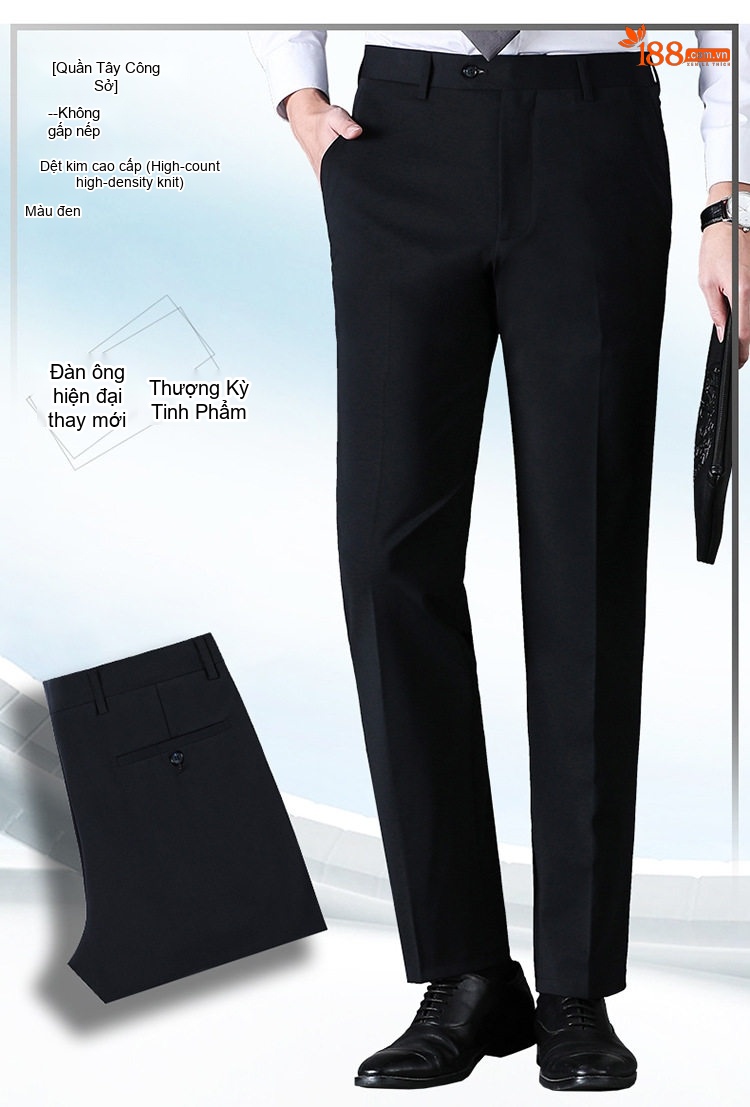 Quần Tây Nam Ống Đứng Silk Wool Chống Nhăn Màu Đen chi tiết 11