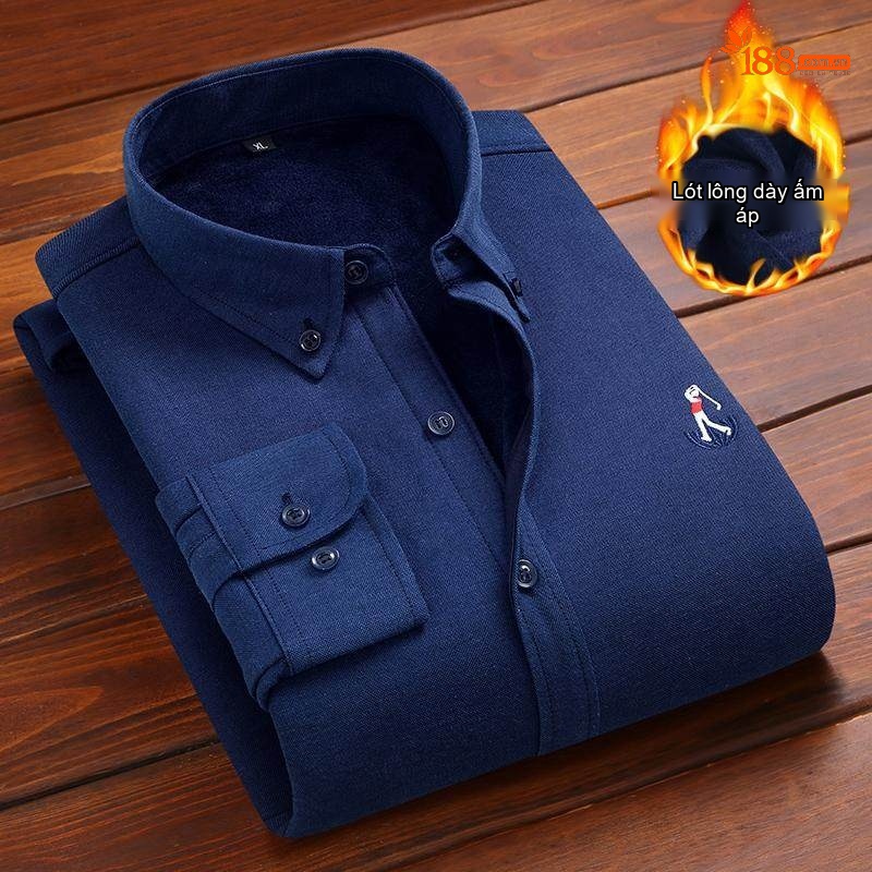Áo Sơ Mi Nam Dài Tay Cotton Oxford Lót Lông Dày Dặn Thêu Hình Màu Xanh Dương, Xanh Navy, Tím, Đỏ...