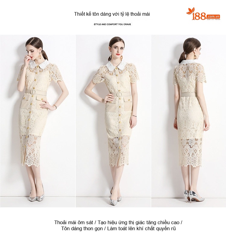 Váy Ôm Body Nữ Cổ Búp Bê Ren Sữa Dáng Dài chi tiết 9