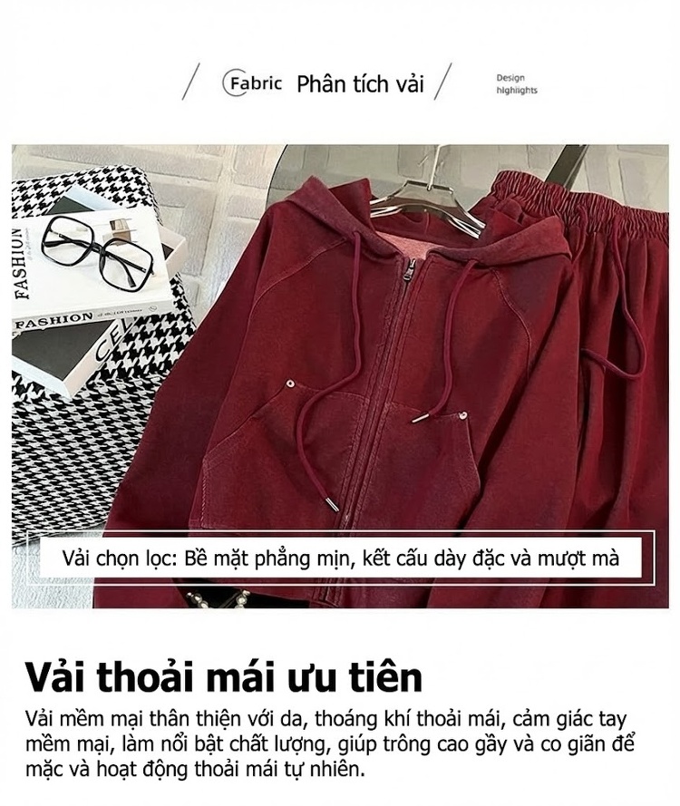 Bộ Đồ Thể Thao Nữ Áo Khoác Hoodie Dây Kéo Quần Ống Rộng Màu Đỏ Rượu Vang, Xanh Navy chi tiết 7
