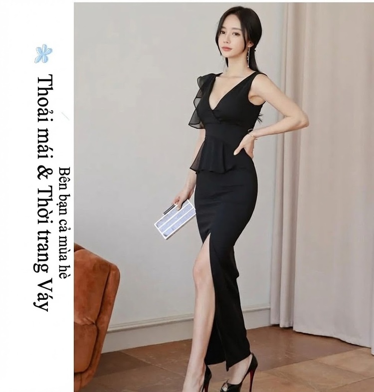 Váy Dự Tiệc Nữ Xẻ Tà Dáng Ôm Thanh Lịch Màu Đen chi tiết 6