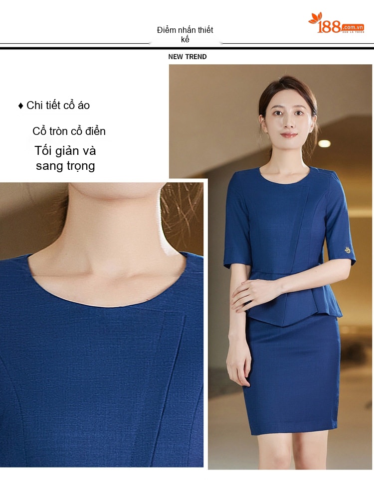 Bộ Quần Áo Công Sở Nữ Tay Ngắn Cổ chữ Vest Phong Cách Lao Feng Xiang Màu Xanh Navy chi tiết 3