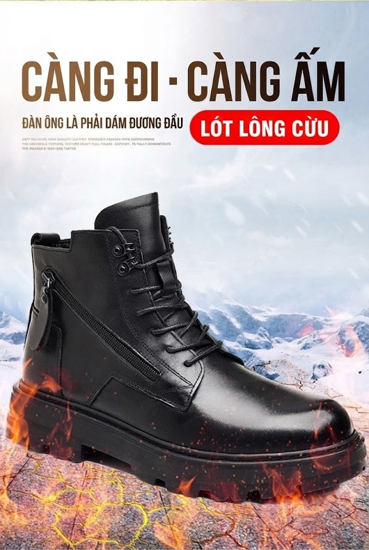 Boot Martin Nam Da Thật Lót Lông Cao Cổ Giữ Ấm Chiều Cao Đế Khoảng 4cm Màu Đen chi tiết 4