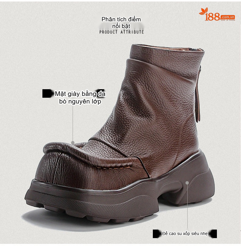 Boot Nữ Da Bò Cổ Ngắn Đế Bánh Mì Chiều Cao Đế Khoảng 5cm Khoá Kéo Sau Màu Đen, Nâu chi tiết 3