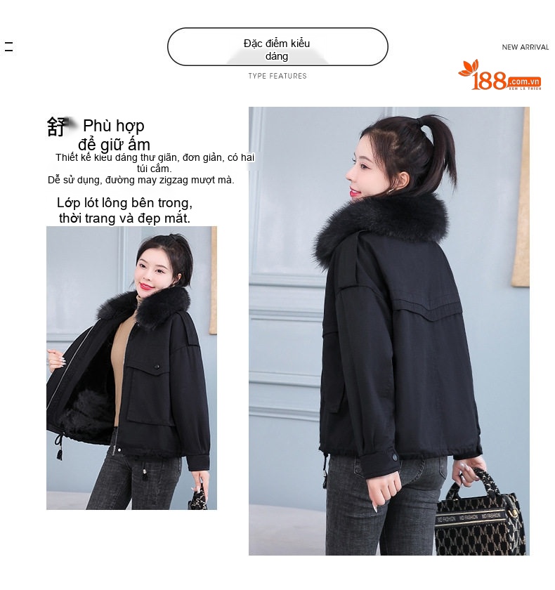 Áo Khoác Cotton Nữ Dáng Ngắn Lót Lông Cổ Lông Màu Đen, Xanh Rêu chi tiết 3