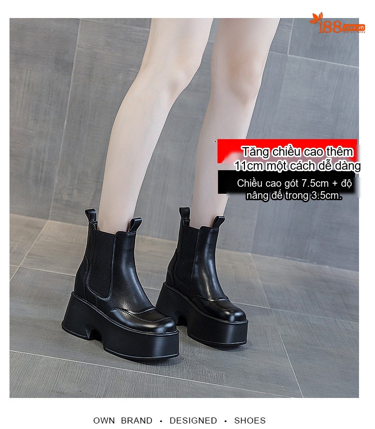 Giày Boot Martin Nữ Cổ Lửng Đế Dày Chiều Cao Đế Khoảng 11cm Da Bóng Màu Đen chi tiết 4