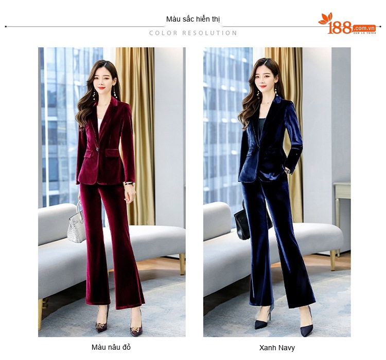 Bộ Vest Nữ Vải Nỉ Dáng Ôm Thời Trang Màu Đỏ Rượu Vang, Xanh Navy chi tiết 6