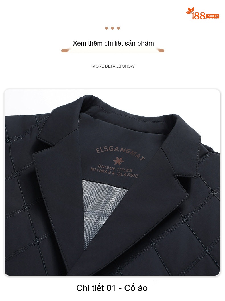 Áo Khoác Bông Nam Trung Niên Dáng Vừa Vải Cotton Lót Lụa Tằm Màu Xanh Navy chi tiết 17