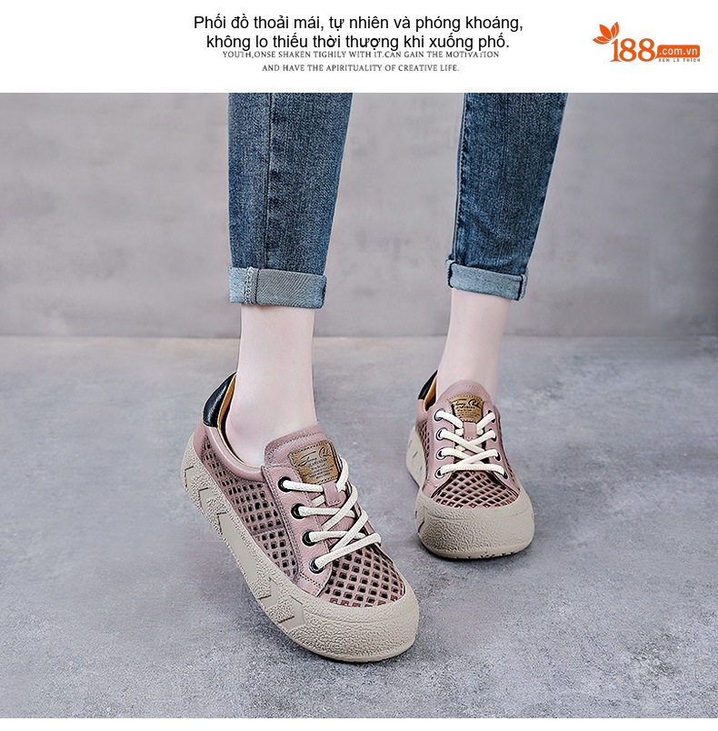 Giày Búp Bê Nữ Da Bò Lỗ Thoáng Khí Đế Bằng Đế Cao 3cm - 4cm Màu Kem, Hồng chi tiết 12