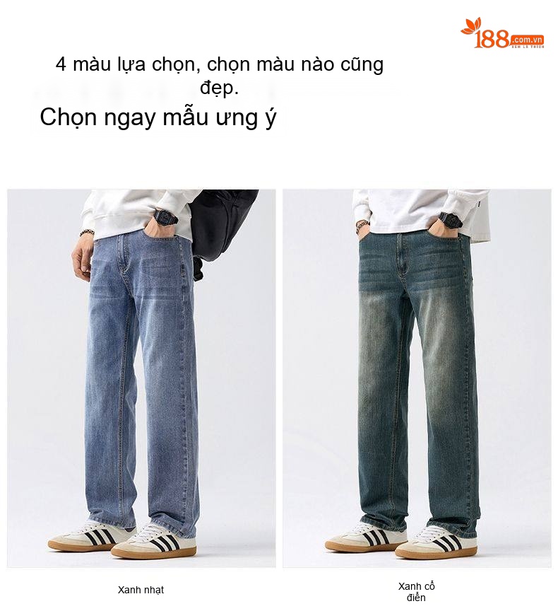 Quần Jean Ống Rộng Nam Dáng Suông Phong Cách Retro Màu Xanh Dương, Đen chi tiết 10