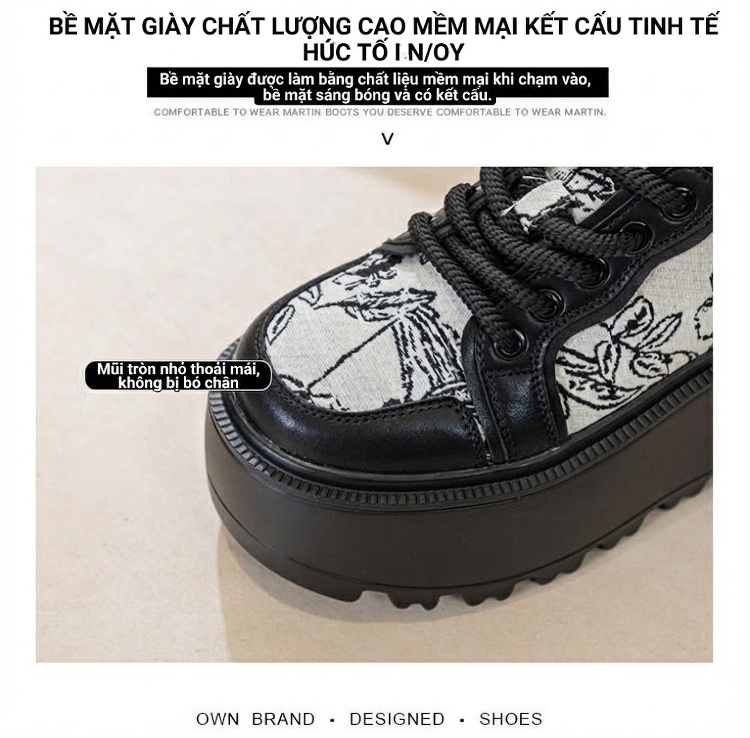 Giày Sneaker Nữ Đế Dày Thêu Họa Tiết Chiều Cao Đế Khoảng 5cm Màu Đen, Trắng chi tiết 10