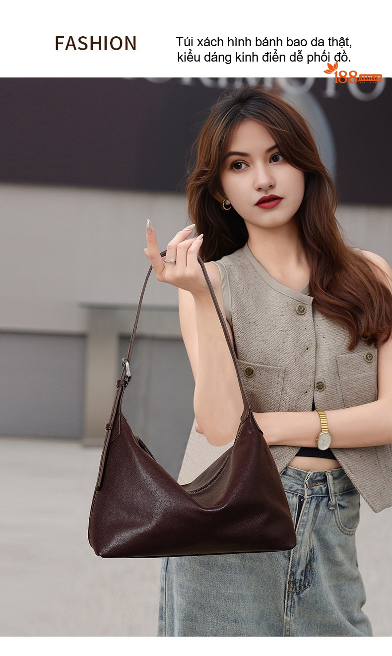 Túi Hobo Nữ Da Bò Thuộc Thực Vật, Túi Đeo Vai, Túi Kẹp Nách Phong Cách Cổ Điển Màu Nâu, Đen, Be chi tiết 2