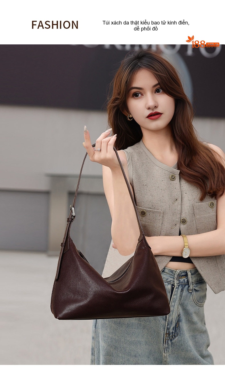 Túi Hobo Nữ Da Bò Thuần Chất Lượng Cao Đeo Vai Đeo Chéo Phong Cách Cổ Điển Màu Nâu chi tiết 2