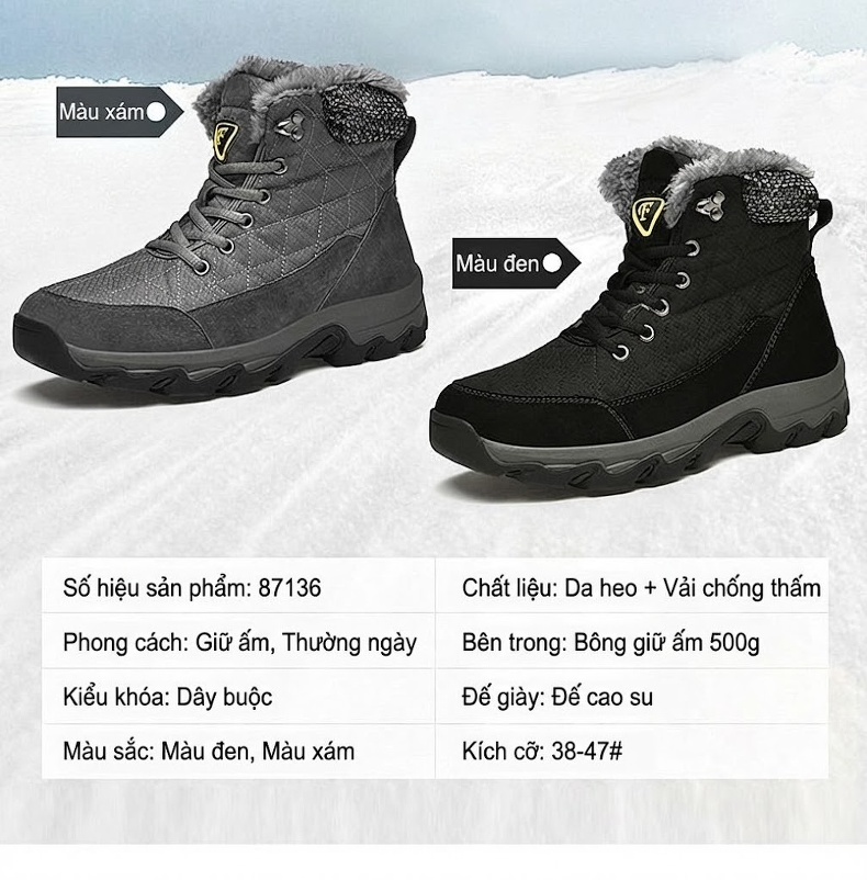 Giày Boot Nam Cổ Cao Lót Lông Đi Tuyết Chống Trượt Chiều Cao Đế Khoảng 4cm Màu Đen, Xám chi tiết 5
