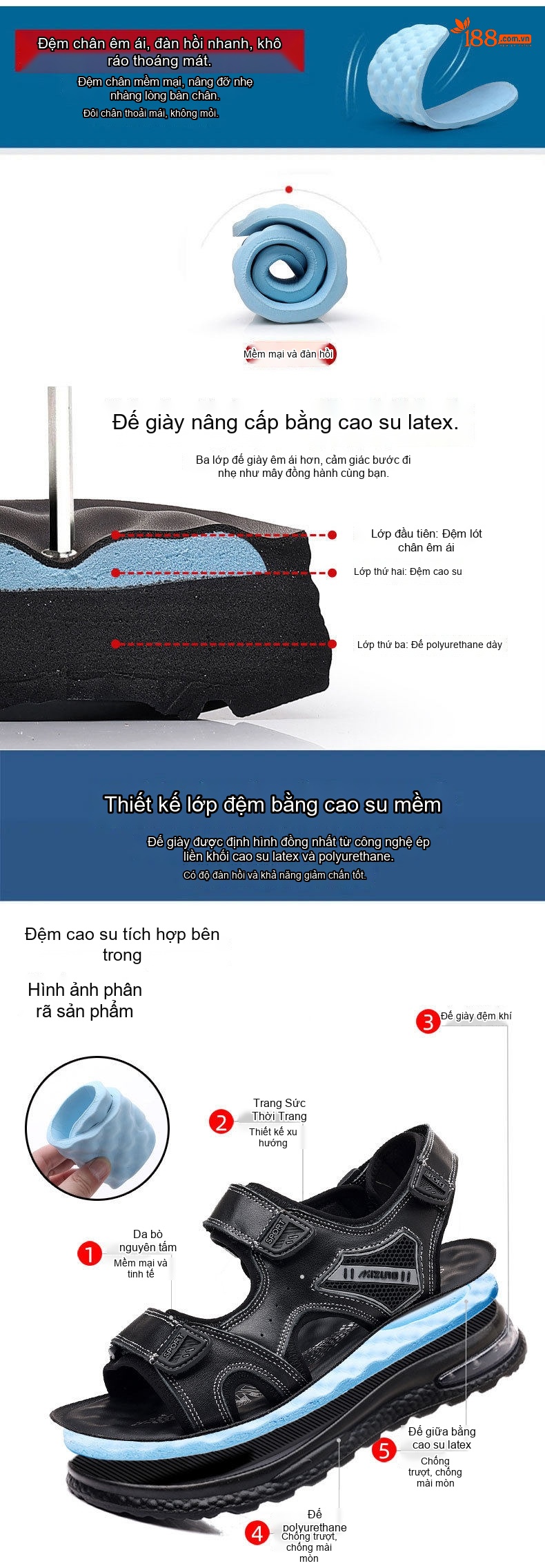 Dép Sandal Nam Da Bóng Quai Dán Đế Khí Chiều Cao Đế Khoảng 4cm Màu Đen chi tiết 5