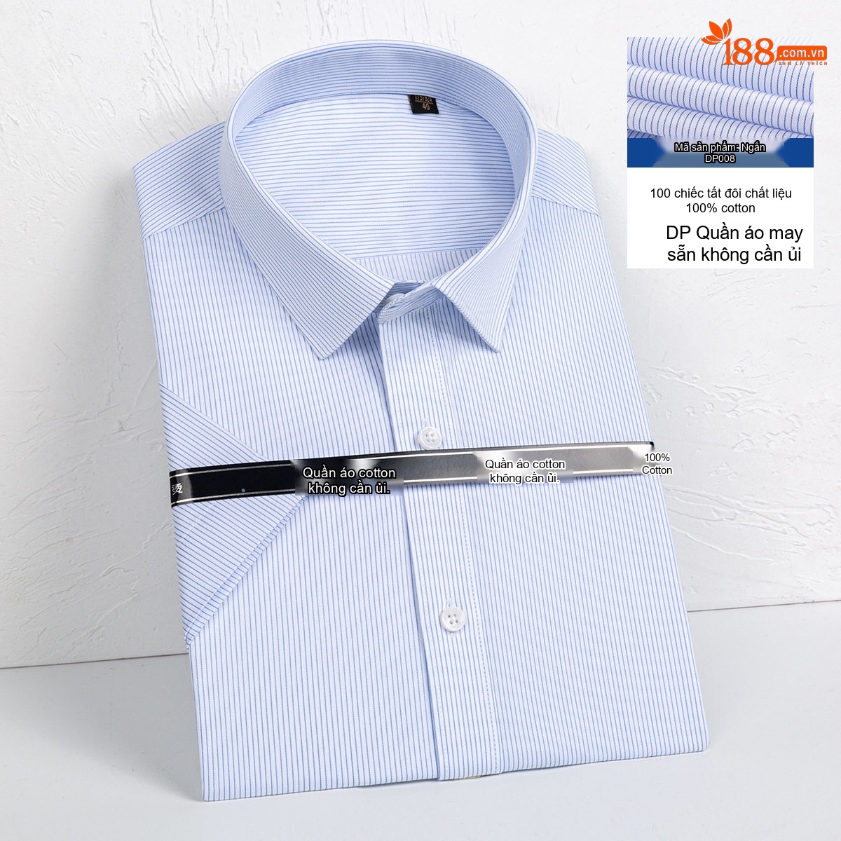 Áo Sơ Mi Nam Tay Ngắn Cotton Dáng Ôm Chống Nhăn Màu Xanh, Trắng