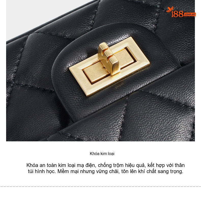 Túi Đeo Chéo Nữ Da Cừu Trám Ô, Dây Xích Ngọc Trai Phong Cách Sang Trọng Màu Đen chi tiết 9