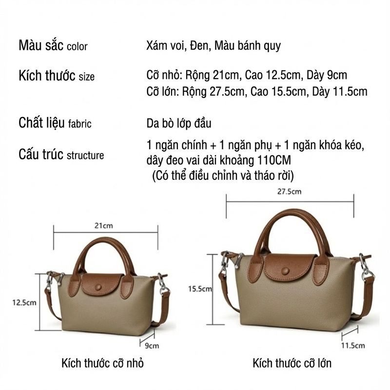 Túi Xách Tay Nữ Da Bò Lớp Đầu Đeo Vai Đeo Chéo Mini Màu Xám Voi, Đen, Bánh Quy