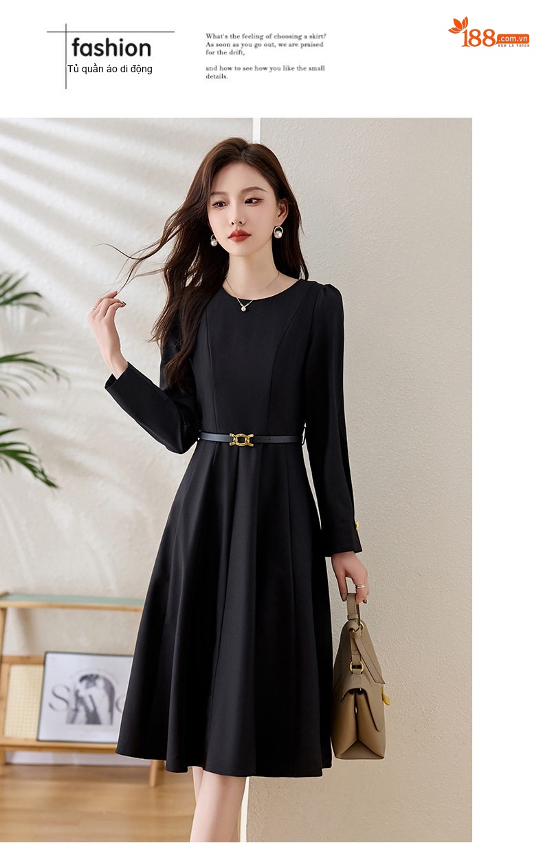 Đầm Xòe Dài Tay dáng chữ A Chiết Eo Thanh Lịch Màu Đen, Nâu chi tiết 18