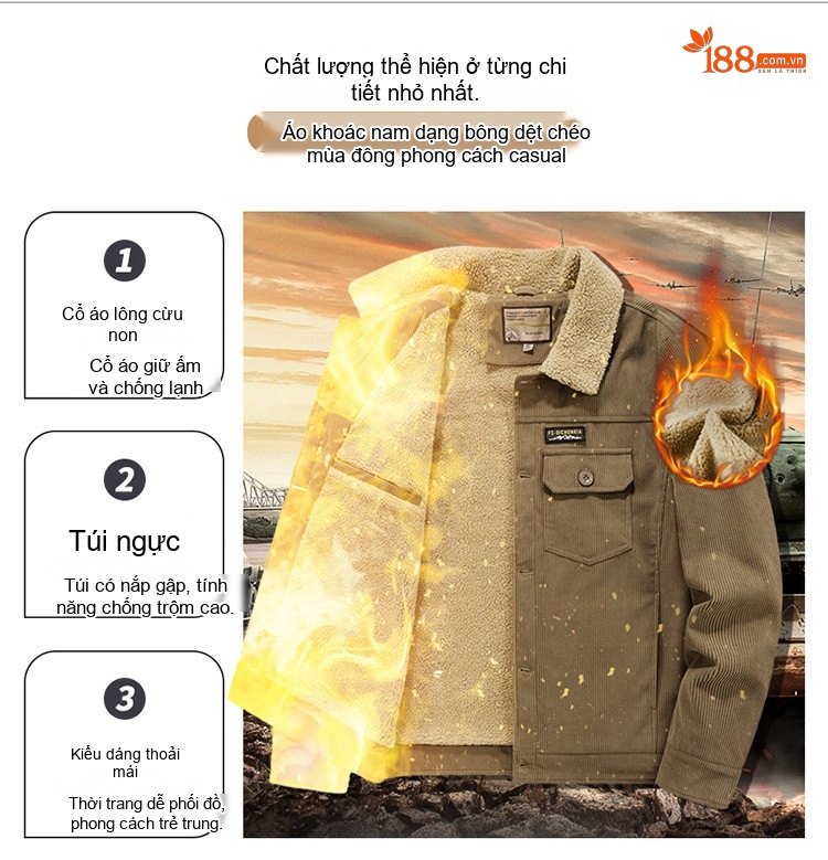 Áo Khoác Nam Cotton Lót Lông Cừu Non Cổ Lông Rộng Dáng Rộng Màu Đen, Nâu, Xanh... chi tiết 6