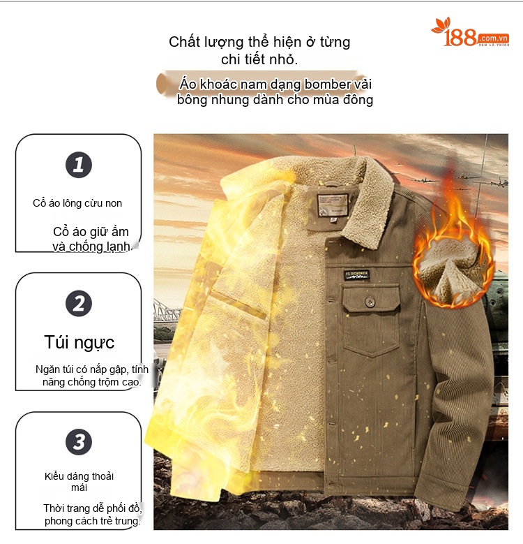 Áo Khoác Cotton Lông Cừu Nam Dáng Rộng Có Cổ Màu Nâu, Xanh Rêu, Đen chi tiết 5