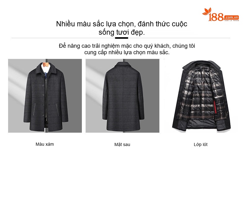 Áo Khoác Dạ Nam Dáng Dài Vừa Kẻ Caro Cổ Bẻ Lót Lông Vũ Tháo Rời Màu Xám chi tiết 8