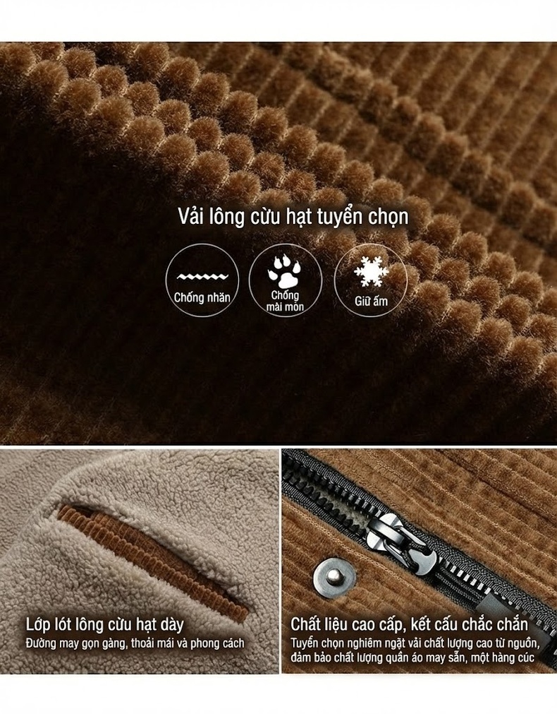 Áo Khoác Nam Lót Lông Cừu Non Cotton Gân Dày Dặn Dáng Dài Màu Nâu, Đen, Xanh Rêu chi tiết 2