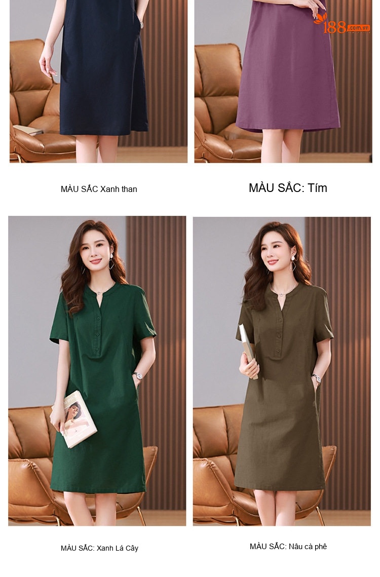 Váy Midi Nữ Cổ chữ V Tay Ngắn Phong Cách Retro Thanh Lịch Cotton Màu Xanh Rêu, Xanh Lá, Tím, Xanh Navy... chi tiết 13