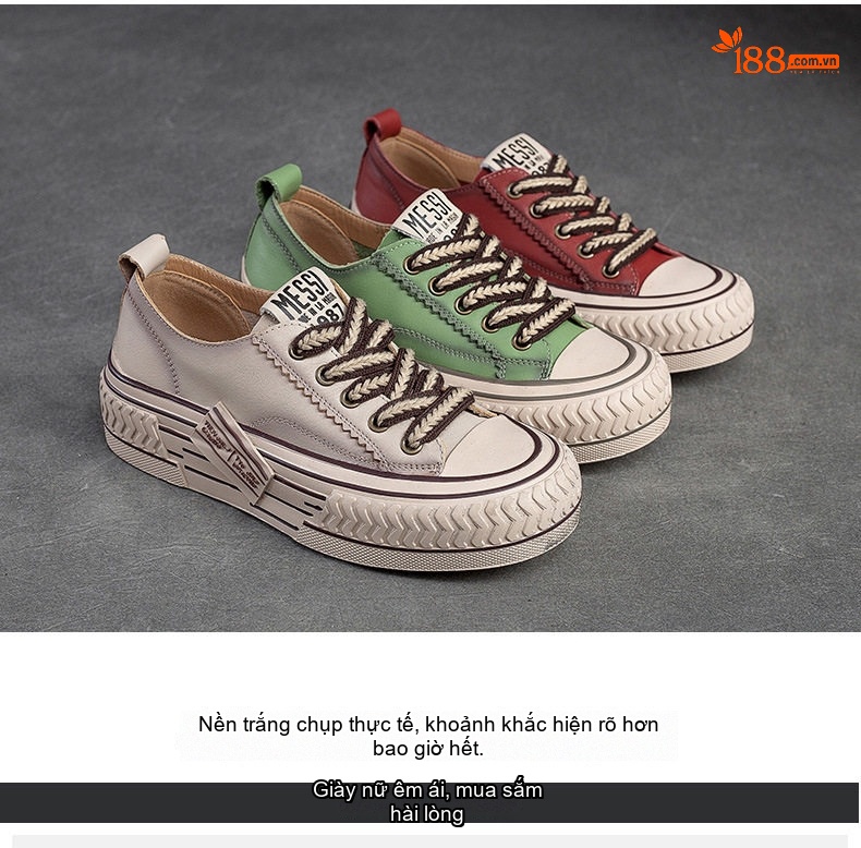 Giày Sneaker Nữ Cổ Thấp Da Bò Buộc Dây Chiều Cao Đế Khoảng 3cm Màu Đỏ, Xanh Lá, Kem... chi tiết 16