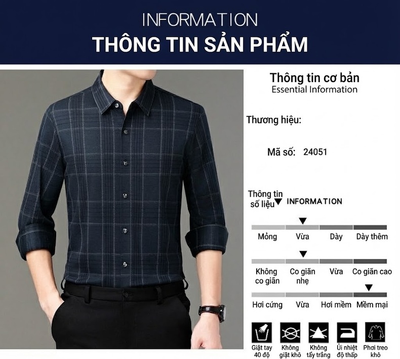 Áo Sơ Mi Nam Dài Tay Lông Dê Ca Rô Chống Nhăn Thoáng Mát Màu Xám, Xanh Đen chi tiết 4