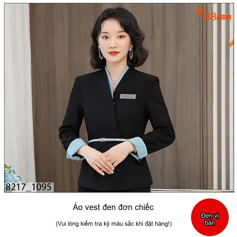 Set Bộ Vest Công Sở Nữ Tay Dài Cổ chữ V Màu Xanh Navy Phối Đỏ