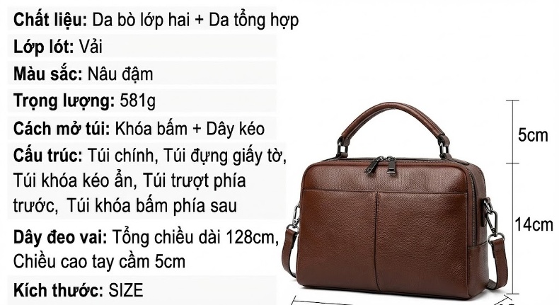 Túi Đeo Chéo Nữ Da Thật Thời Trang, Túi Đựng Thư Công Sở Cao Cấp Màu Nâu chi tiết 2