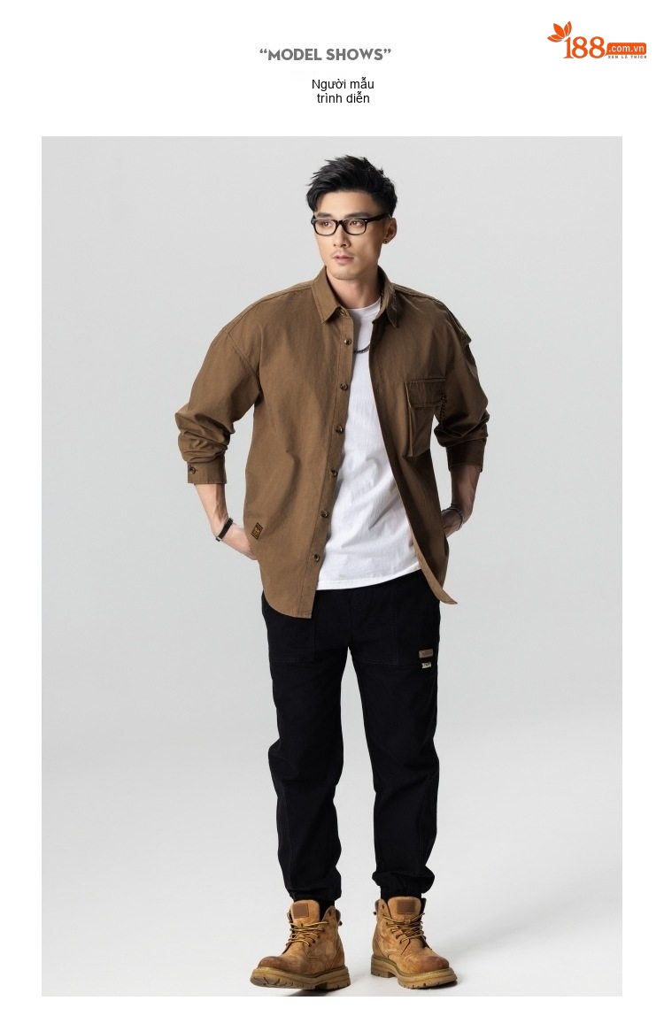 Áo Sơ Mi Nam Cotton Dáng Rộng Phong Cách Retro Màu Xanh Rêu, Nâu, Đen chi tiết 12